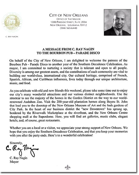 Mayor Nagin's letter to welcome everyone to Southern Decadence